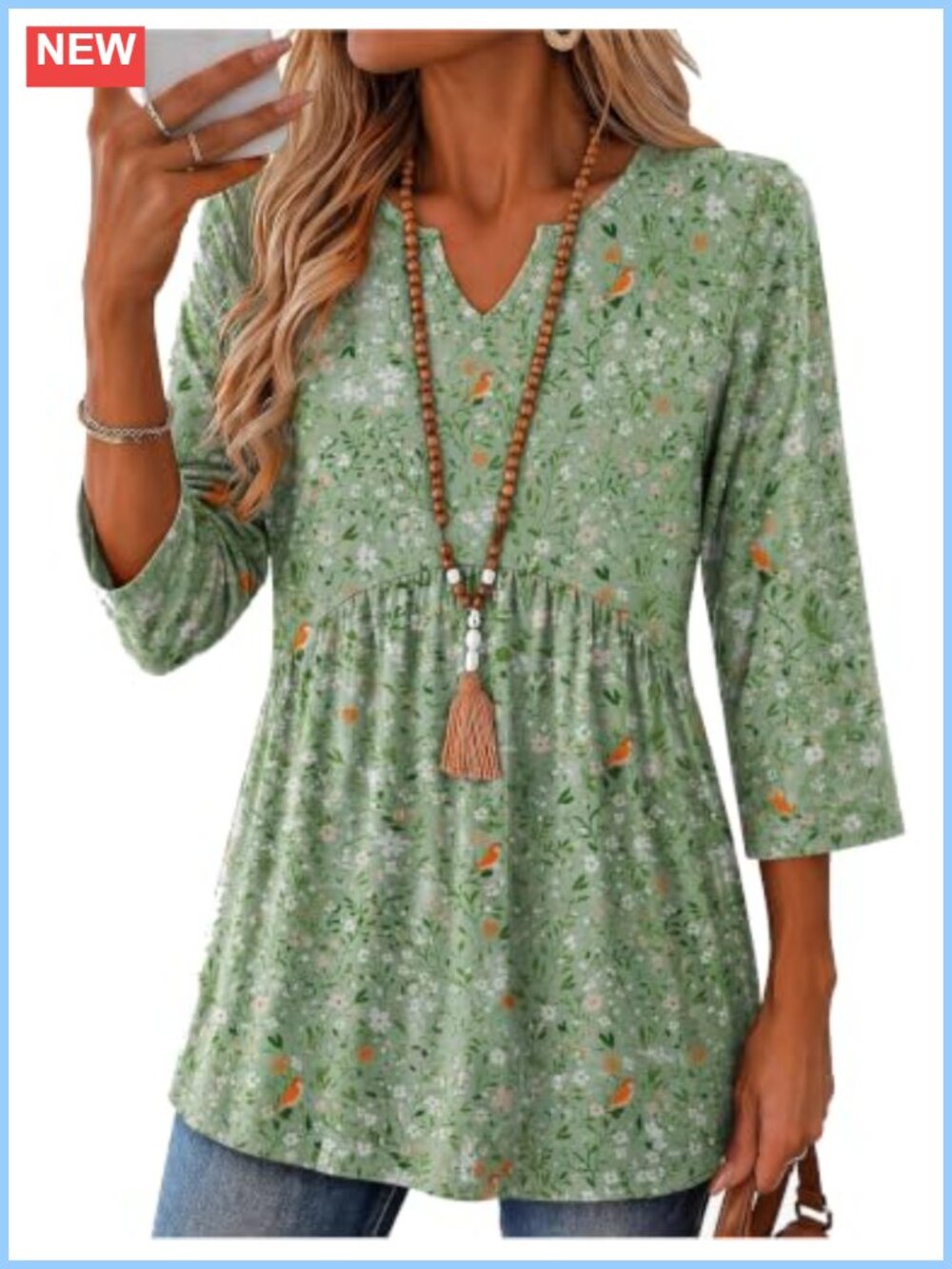 Zeagoo Womens 3/4 Sleeve V Neck Ruched Tunic Top Flowy Blouse
